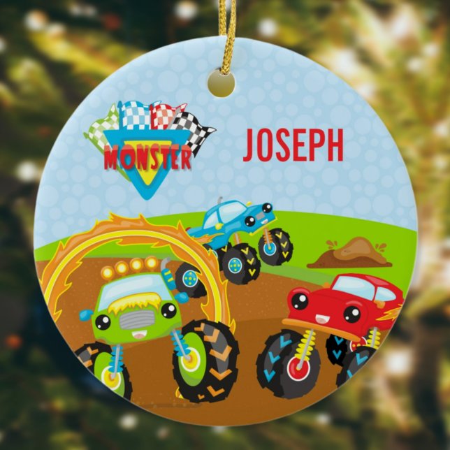 Farbenfrohe kleine junge Monster Trucks Name Weihn Keramik Ornament (Von Creator hochgeladen)