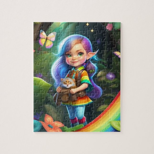 Farbenfrohe kleine Niedliche Elf-Girl mit Katze (Vertikal)