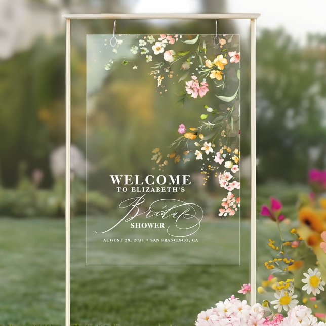 Farbenfrohe kleine Wildblumen Brautparty Empfang Acrylschild (Wildflowers Bridal Shower Acrylic Transparent Welcome Sign)