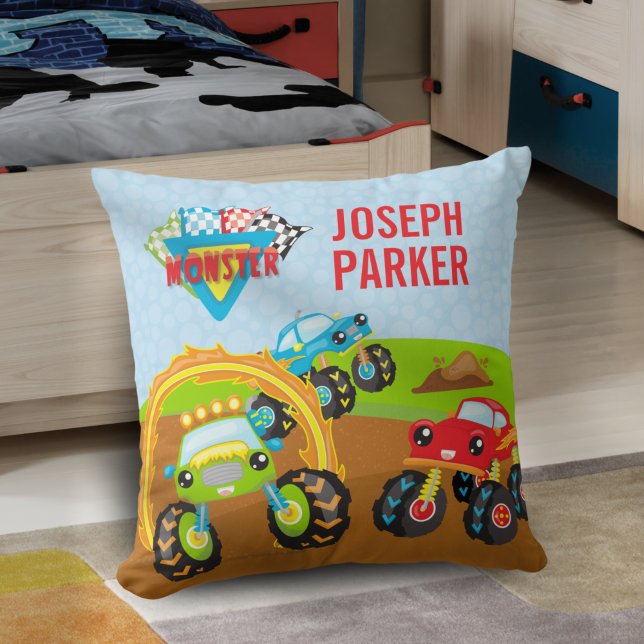 Farbenfrohe Kleinkinder-Monster-LKW mit Vorname Kissen (Von Creator hochgeladen)