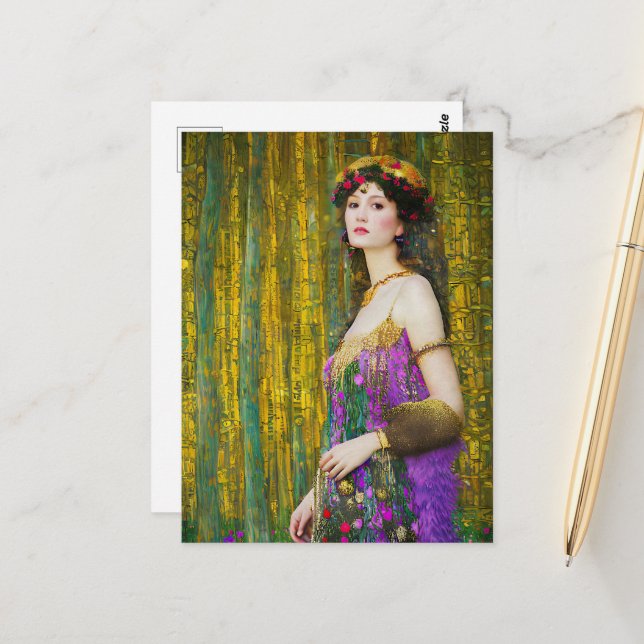 Farbenfrohe Klimt Style Collage Porträt einer Frau Postkarte (Vorderseite/Rückseite Beispiel)