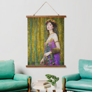 Farbenfrohe Klimt Style Collage Porträt einer Frau Wandteppich Mit Holzrahmen