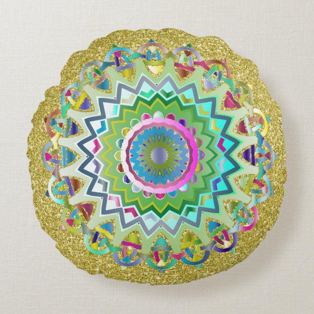 Farbenfrohe knisternde Knochen Gold Imitate Glitze Rundes Kissen (Vorderseite)