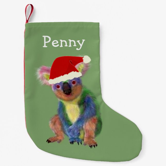 Farbenfrohe Koala in roter Weihnachtsmannmütze mit Kleiner Weihnachtsstrumpf (Vorderseite)