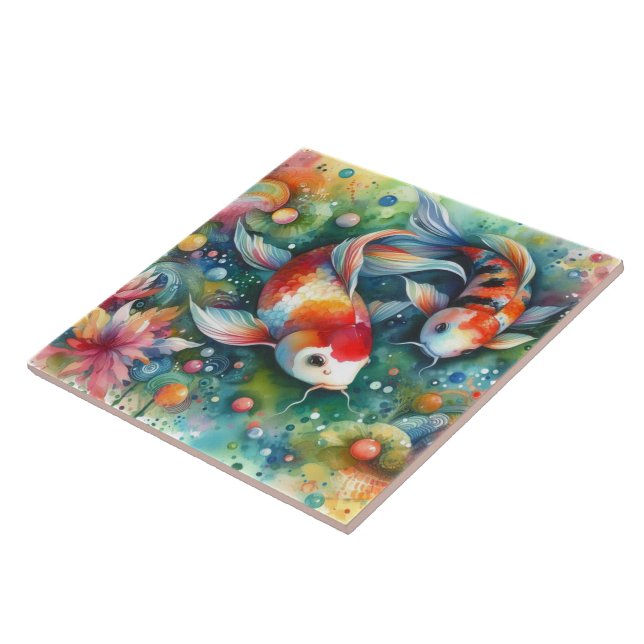 Farbenfrohe Koi Fisch Whimsisches Wasser Orange Aq Fliese (Seite)