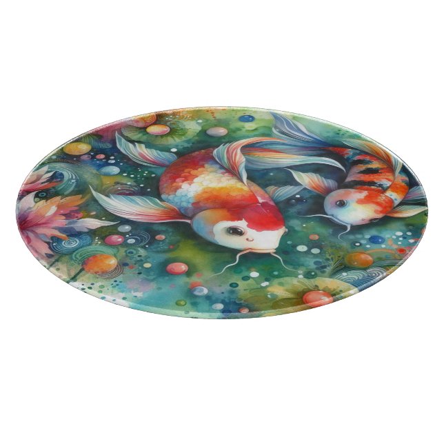 Farbenfrohe Koi Fisch Whimsisches Wasser Orange Aq Schneidebrett (Ecke)