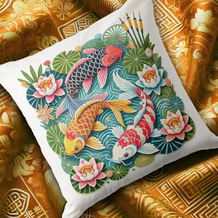 Farbenfrohe Koi Schwimmen in Lotus Gefüllter Teich Kissen