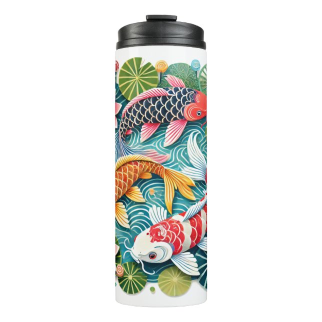 Farbenfrohe Koi Schwimmen in Lotus Gefüllter Teich Thermosbecher (Vorderseite)