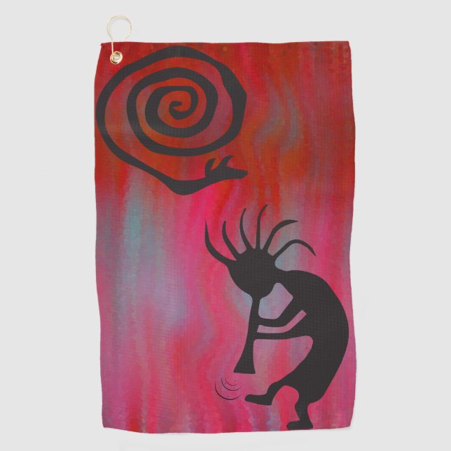 Farbenfrohe Kokopelli Southwestern Golf Handtuch (Vorderseite)