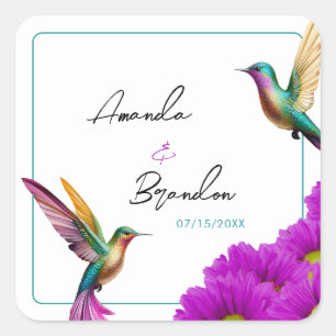 Farbenfrohe Kolibris Lila Gänseblümchen Hochzeit Quadratischer Aufkleber