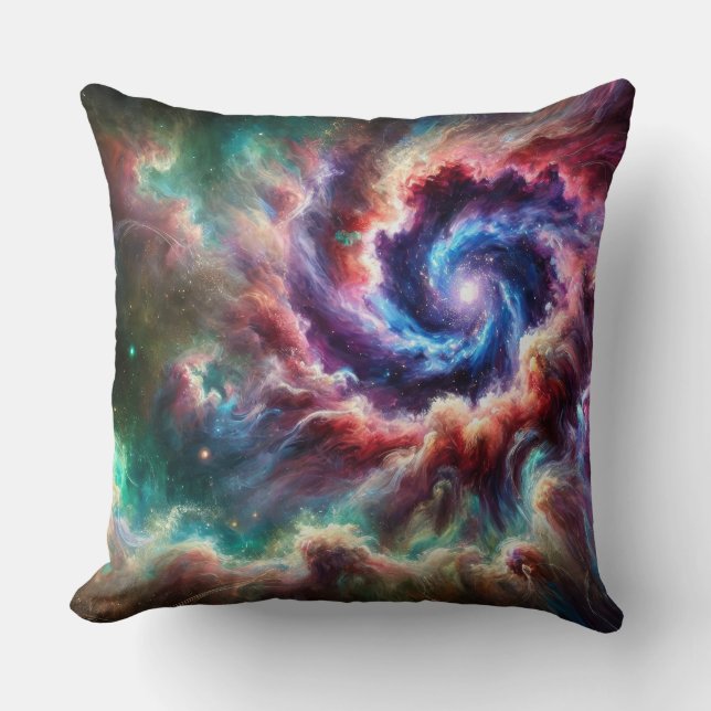 Farbenfrohe kosmische Galaxie Swirbel mit Radiantn Kissen (Vorderseite)