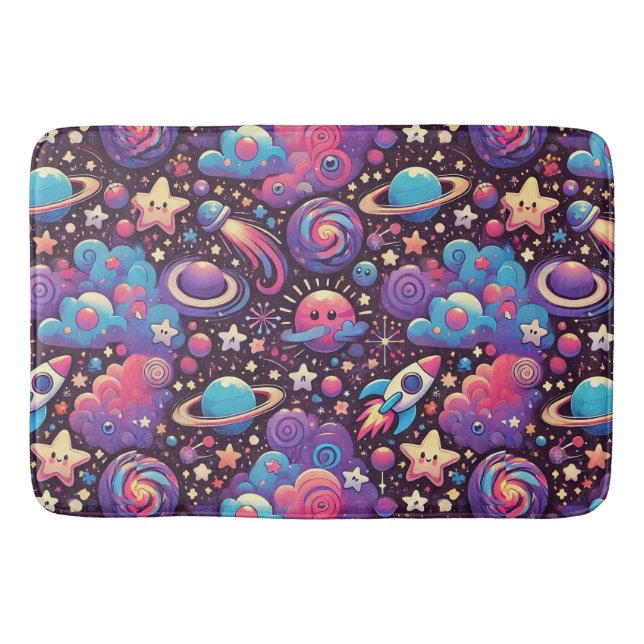 Farbenfrohe kosmische Szene mit Cartoon Planets Badematte (Vorderseite)