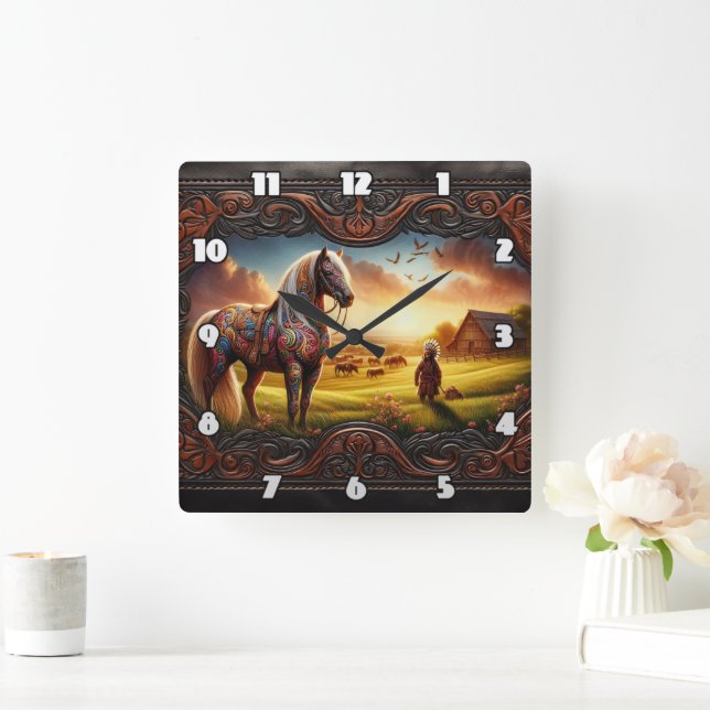 Farbenfrohe Kriegspferde in lebendiger Sonnenunter Quadratische Wanduhr (Zuhause)