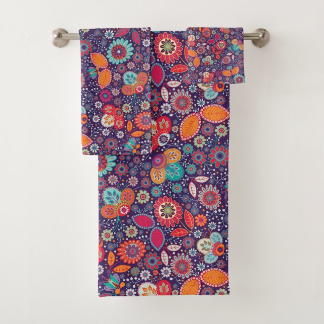 Farbenfrohe Kunst Illustration Natur Blumenmuster Badhandtuch Set (Insitu)