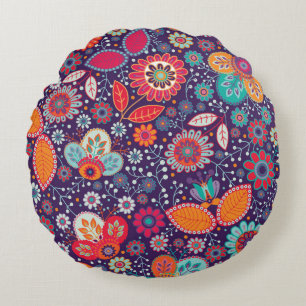 Farbenfrohe Kunst Illustration Natur Blumenmuster Rundes Kissen