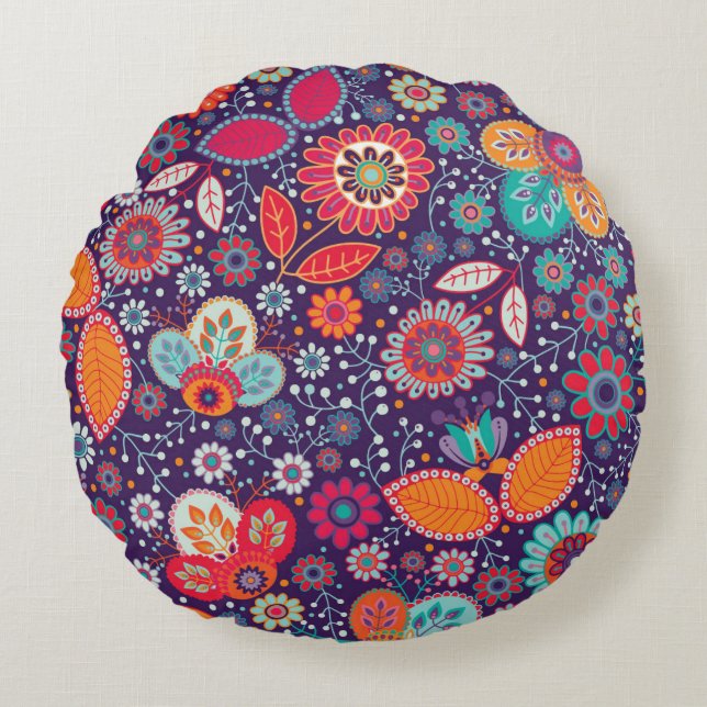 Farbenfrohe Kunst Illustration Natur Blumenmuster Rundes Kissen (Vorderseite)