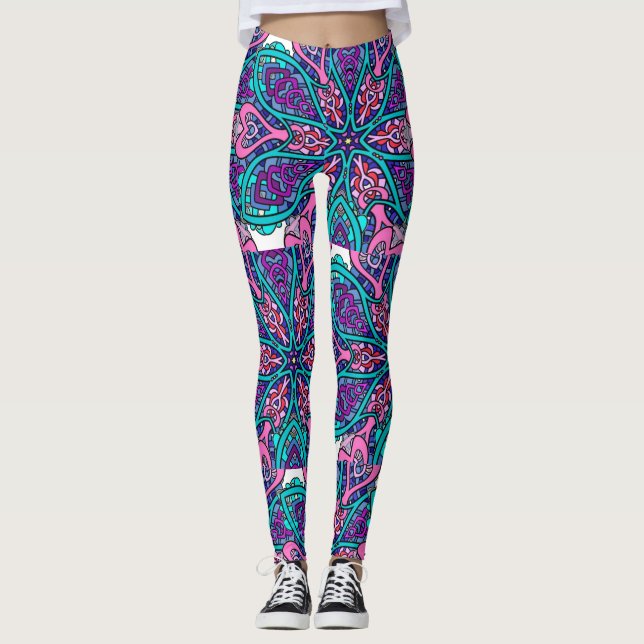 Farbenfrohe Kunst, Lila Pink Aqua Mandala Design Leggings (Vorderseite)