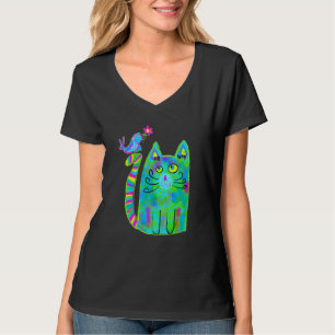 Farbenfrohe Kunstkatze mit blauem Vogel für Katze T-Shirt