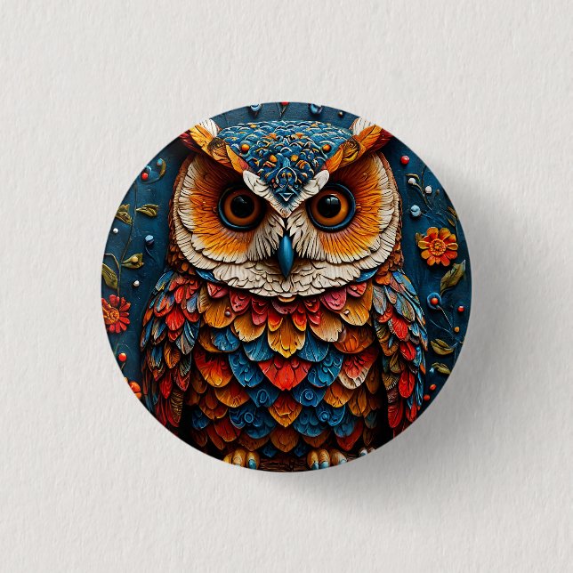 Farbenfrohe künstlerische Eule Button (Vorderseite)