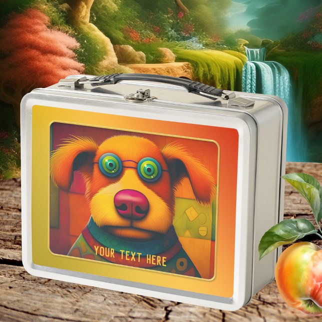 Farbenfrohe künstlerische Funny Dog Metall Brotdose (Lunch Box featuring a colorful funny dog.)