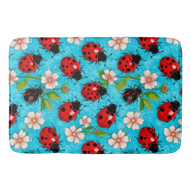 Farbenfrohe Ladybug-Muster mit Blume Badematte (Vorderseite)