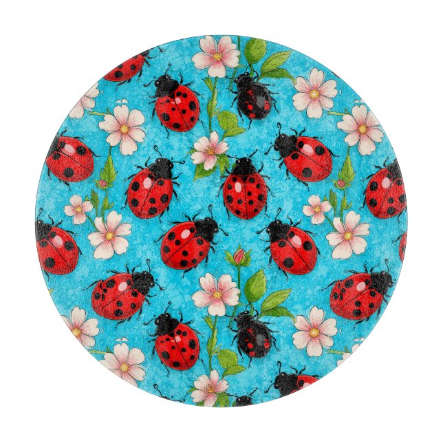 Farbenfrohe Ladybug-Muster mit Blume Schneidebrett (Vorderseite)