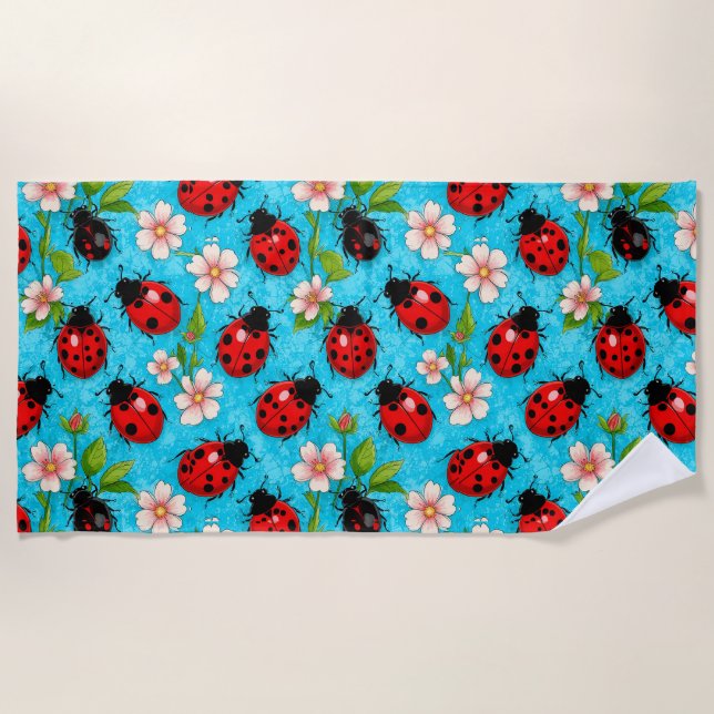 Farbenfrohe Ladybug-Muster mit Blume Strandtuch (Vorderseite)