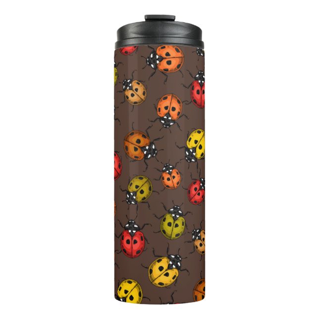 Farbenfrohe Ladybugs auf braun Thermosbecher (Vorderseite)