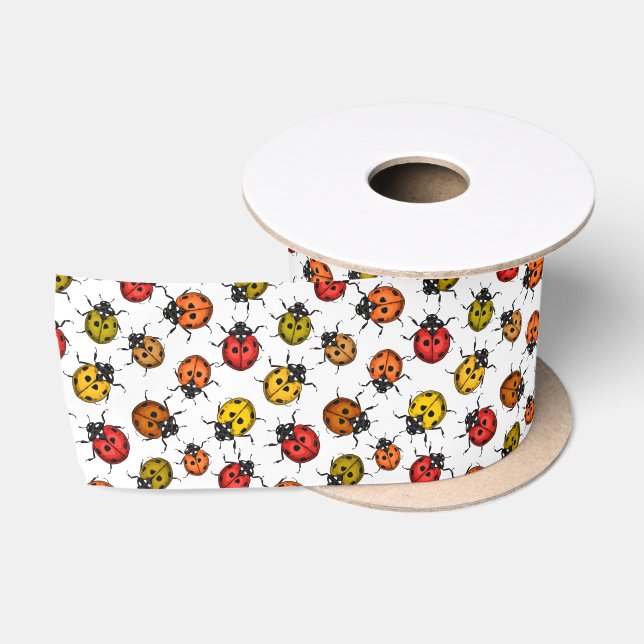 Farbenfrohe Ladybugs auf weiß Satinband (Spule)