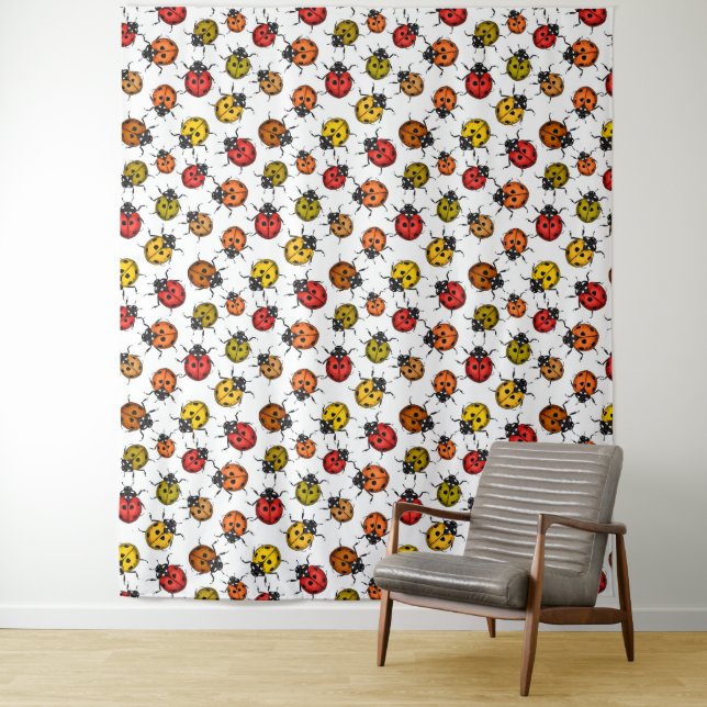 Farbenfrohe Ladybugs auf weiß Wandteppich (Beispiel)