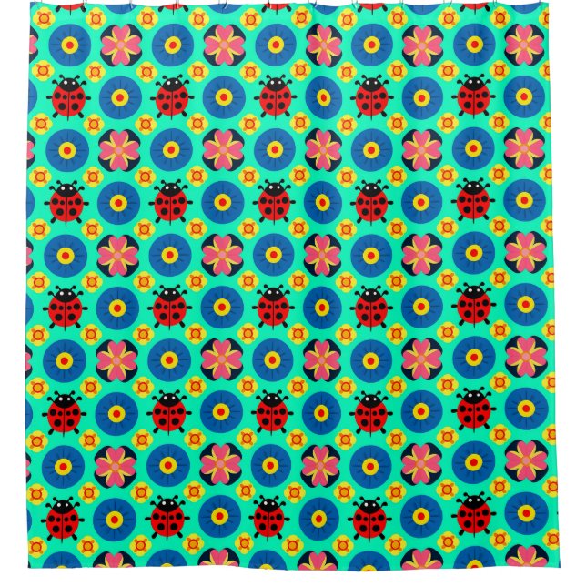 farbenfrohe Ladybugs und Blume Duschvorhang (Vorderseite)
