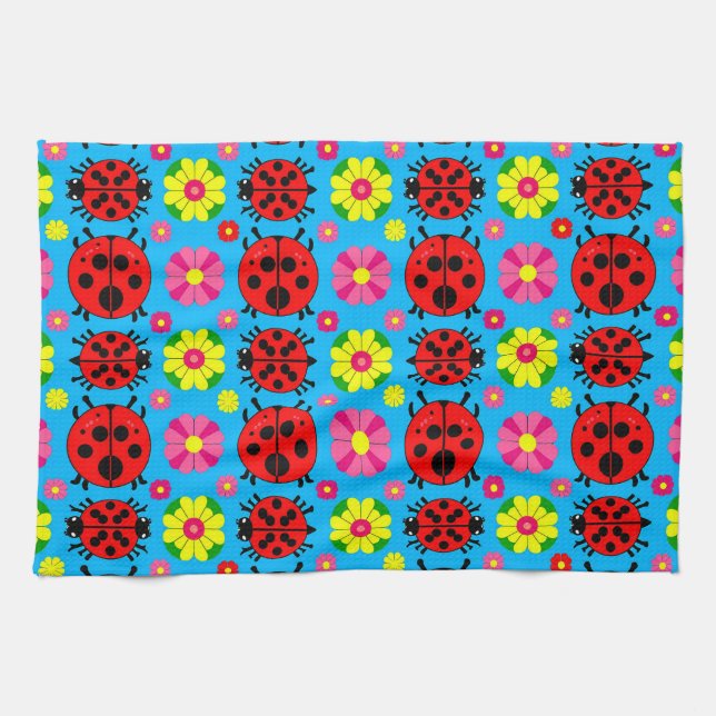 farbenfrohe Ladybugs und Blume Geschirrtuch (Horizontal)