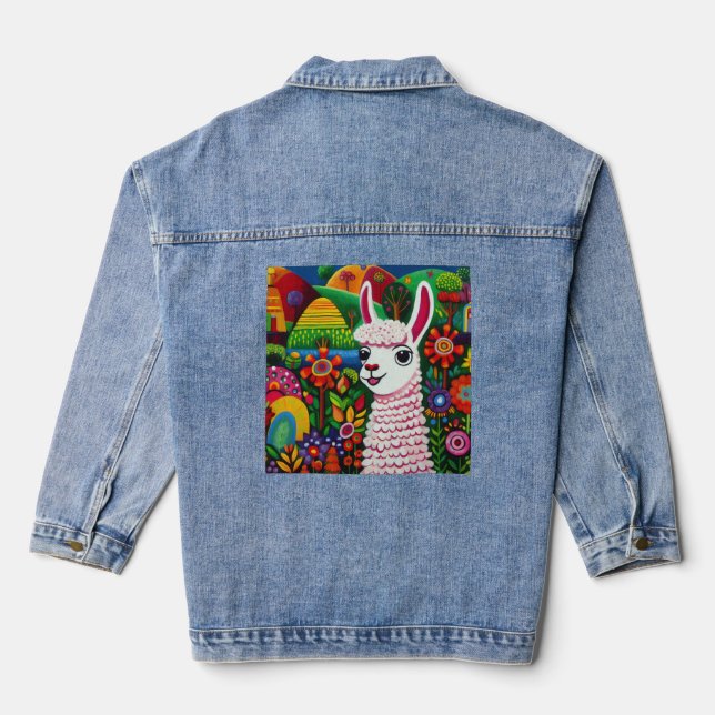 Farbenfrohe Lama umgeben von Blume Jeansjacke (Rückseite)