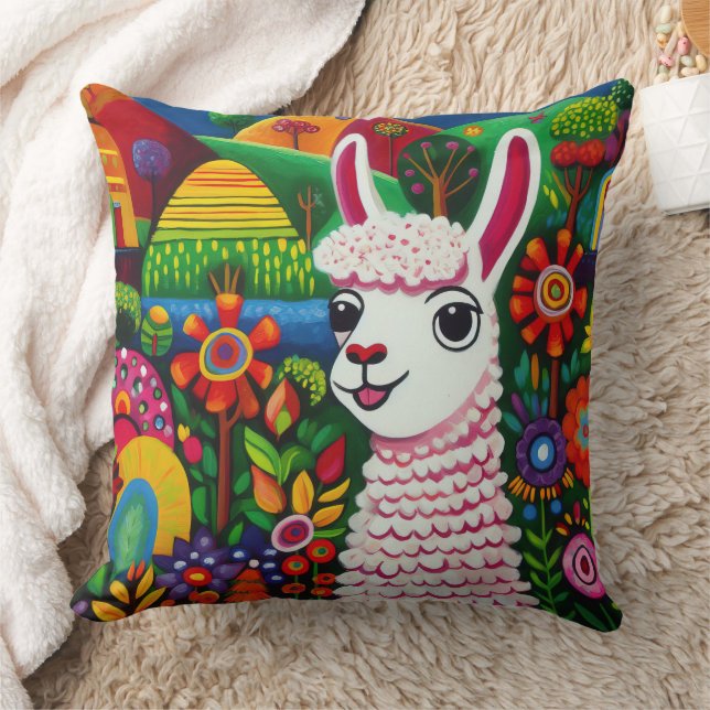 Farbenfrohe Lama umgeben von Blume Kissen (Decke)