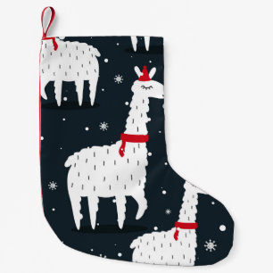 Farbenfrohe Lamas: Nahtloses Tiermotiv im Schnee. Kleiner Weihnachtsstrumpf