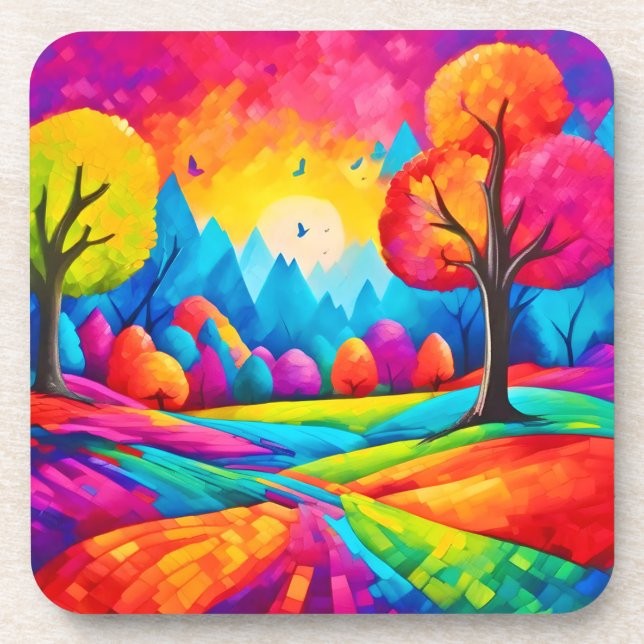 Farbenfrohe Landschaft im Stil der Dreameischen Ku Getränkeuntersetzer (Vorderseite)