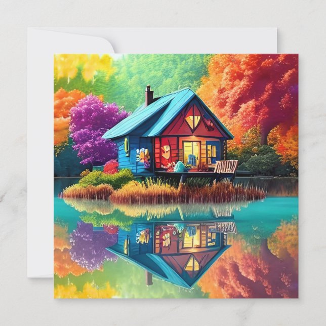 Farbenfrohe Landschaft mit Hütte und See-65456 Einladung (Vorderseite)