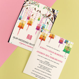 Farbenfrohe Lanterns Cherry Tree Birds Spring Wedd Einladung