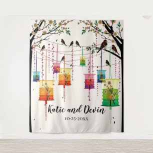 Farbenfrohe Laternen Kirschbaum Vögel Hochzeit/Dus Wandteppich