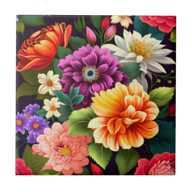 Farbenfrohe lebendige Blume Fliese (Vorderseite)