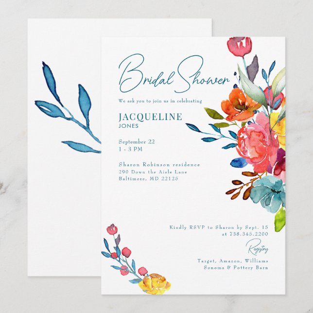 Farbenfrohe, lebendige Frühlingsflora Brautparty Einladung (Vorne/Hinten)