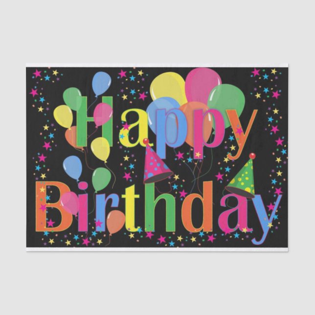Farbenfrohe lebendige Happy Birthday Balloons Blac Seidenpapier (Vorderseite)