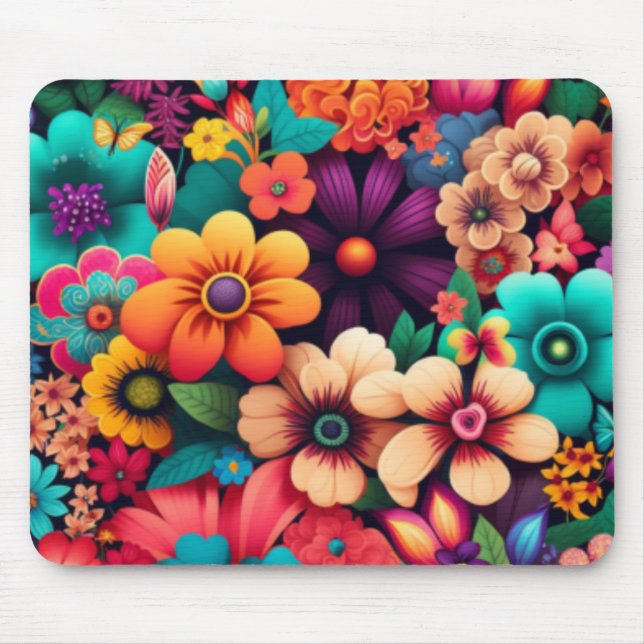 Farbenfrohe, lebendige Vintage Blume Mousepad (Vorne)