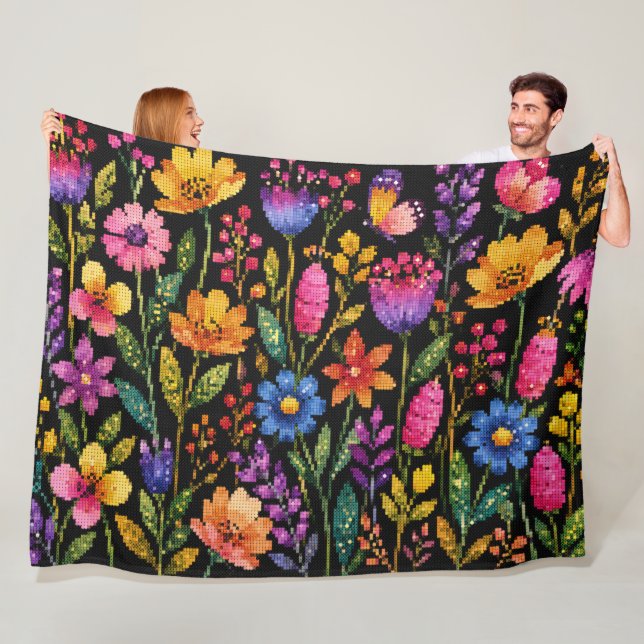 Farbenfrohe lebhafte Blumen auf schwarzem Hintergr Fleecedecke (Beispiel)