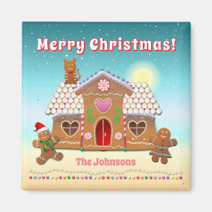 Farbenfrohe Lebkuchenunterkunft mit Katze auf dem  Magnet