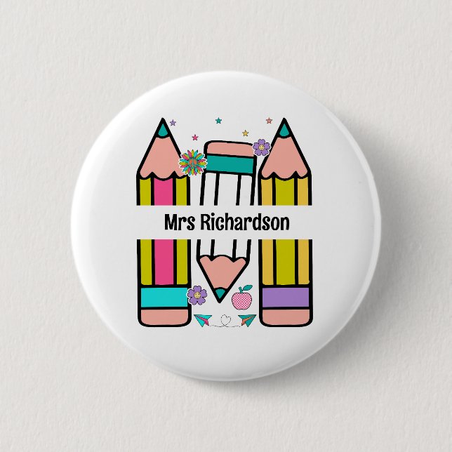 Farbenfrohe Lehrerin Name Bleistift-Cartoon Button (Vorderseite)