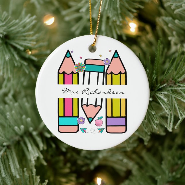 Farbenfrohe Lehrerin Name Bleistift-Cartoon Keramik Ornament (Baum)