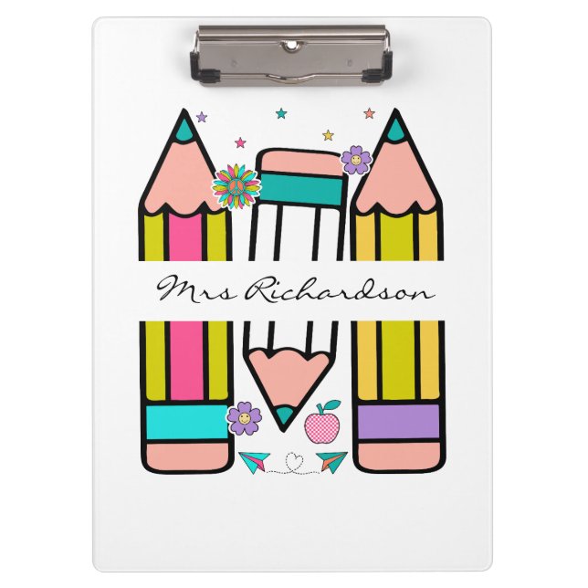 Farbenfrohe Lehrerin Name Bleistift-Cartoon Klemmbrett (Vorderseite)