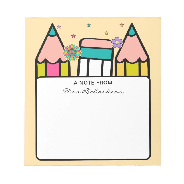 Farbenfrohe Lehrerin Name Bleistift-Cartoon Notizblock (Vorderseite)