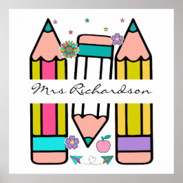 Farbenfrohe Lehrerin Name Bleistift-Cartoon Poster